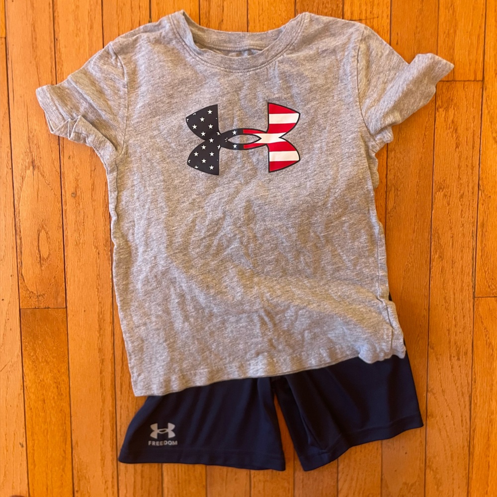 Under Armour Kids size 6 Gray freedom T-Shirt and Navy Shorts Set